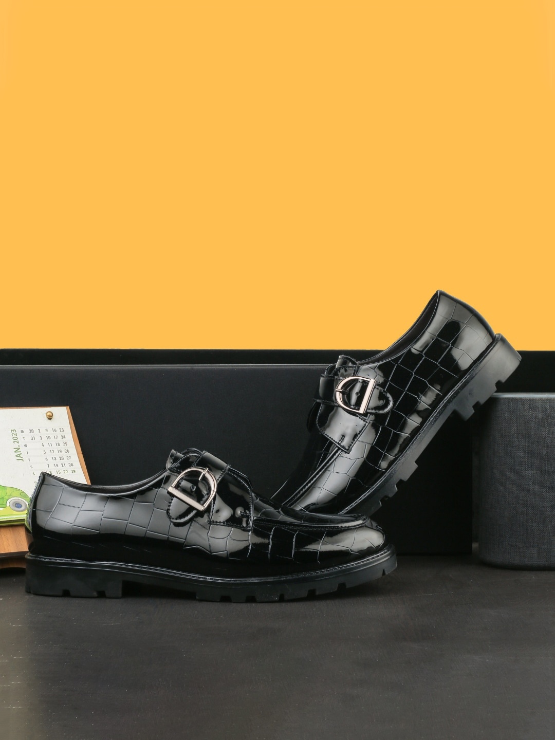

SHOZANIA Men Leather Formal Monk Shoes, Black