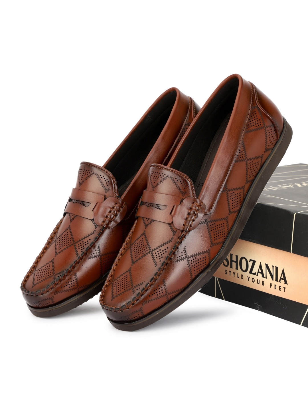 

SHOZANIA Men Textured Leather Formal Loafers, Tan