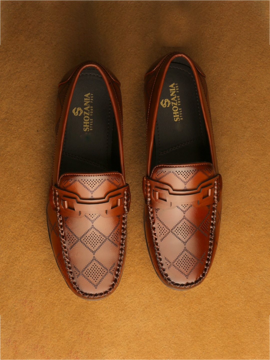 

SHOZANIA Men Textured Leather Formal Loafers, Tan