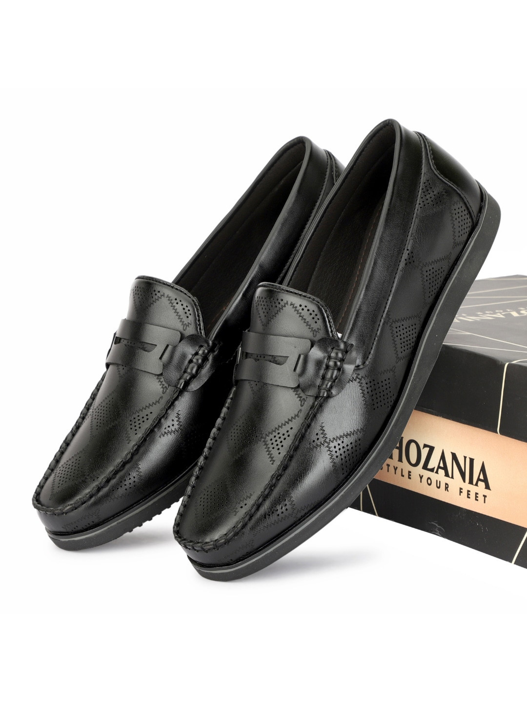 

SHOZANIA Men Textured Leather Formal Loafers, Black