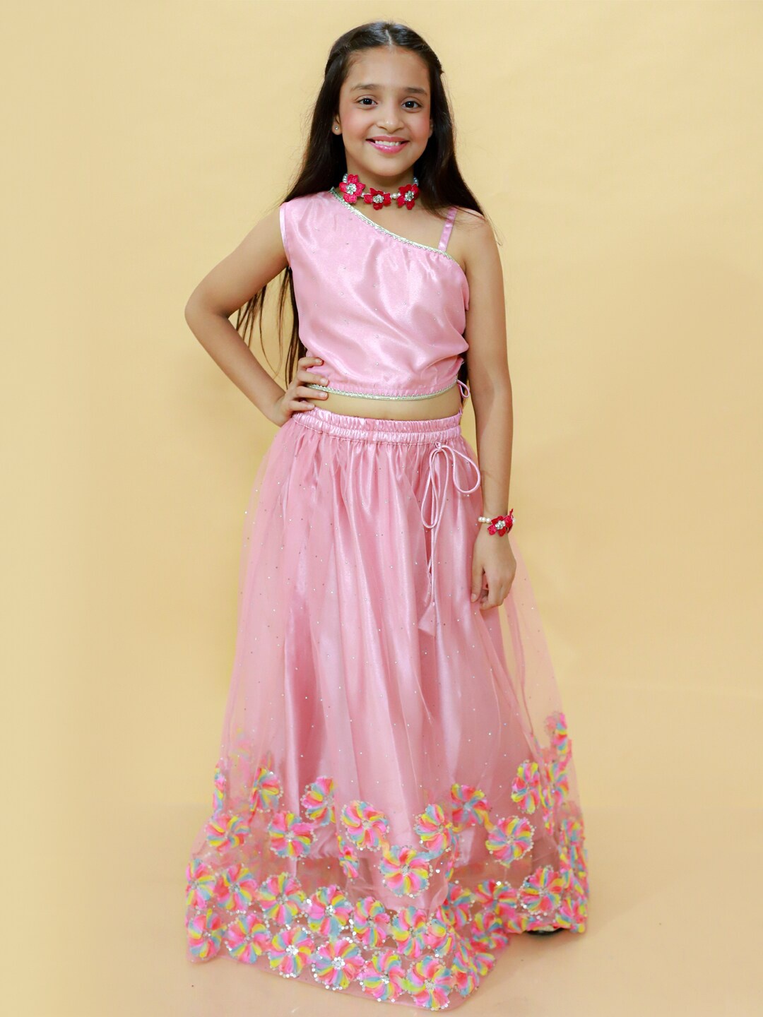 

Stuffie Land Girls One Shoulder Neck Embellished Beads And Stones Lehenga &Choli, Pink