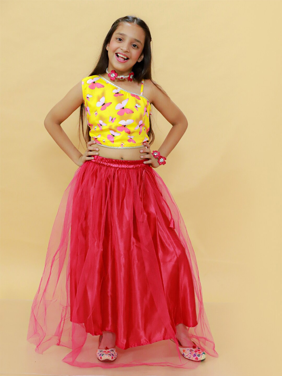 

Stuffie Land Girls One Shoulder Conversational Printed Gotta Patti Lehenga & Choli, Pink