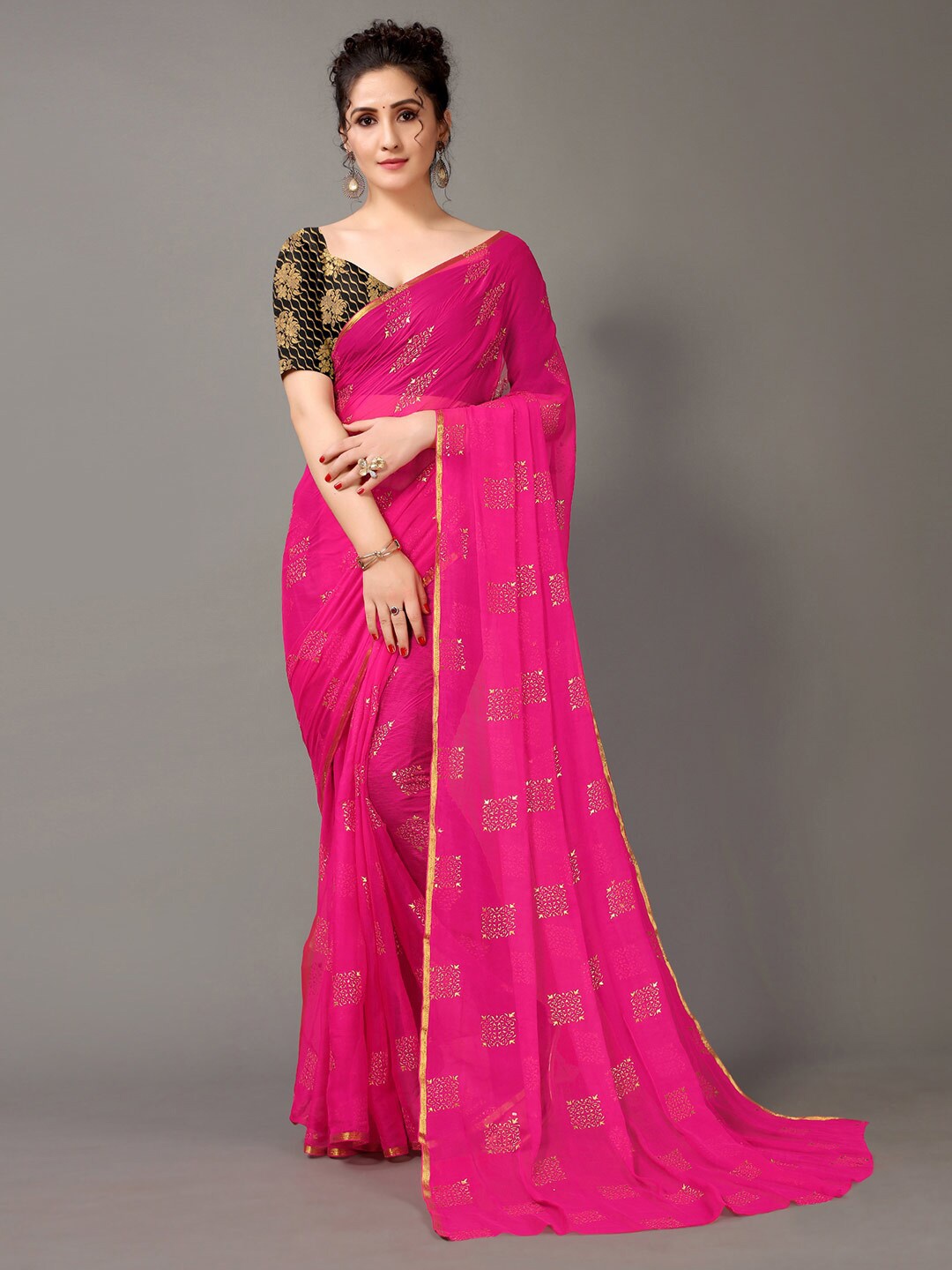 

HRITIKA Ethnic Motifs Printed Zari Saree, Pink