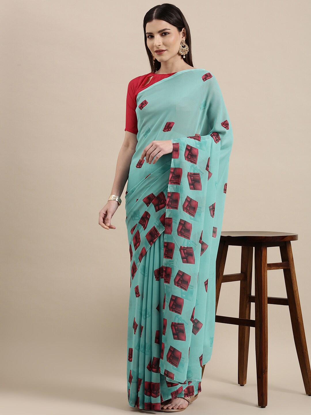 

HRITIKA Geometric Printed Saree, Turquoise blue