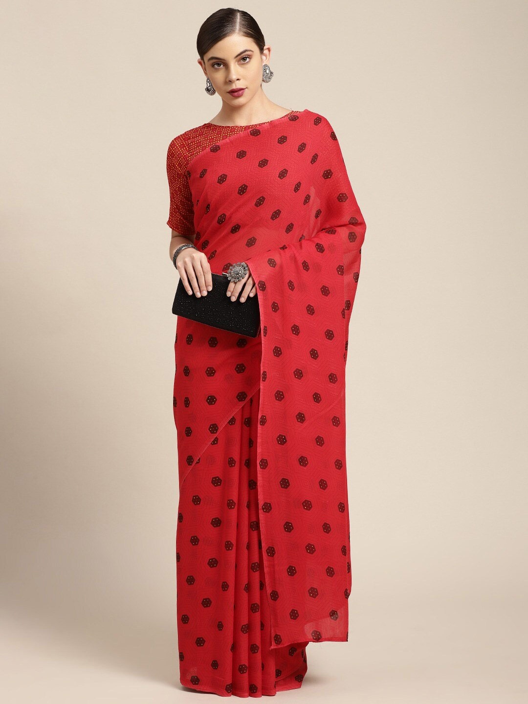 

HRITIKA Geometric Printed Saree, Red