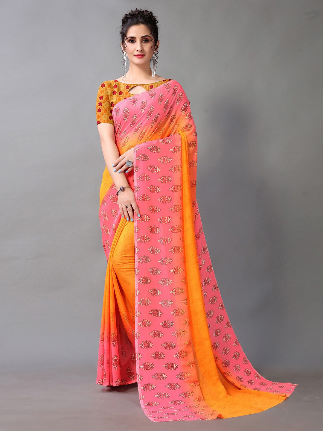 

HRITIKA Ethnic Motifs Printed Pure Georgette Saree, Orange