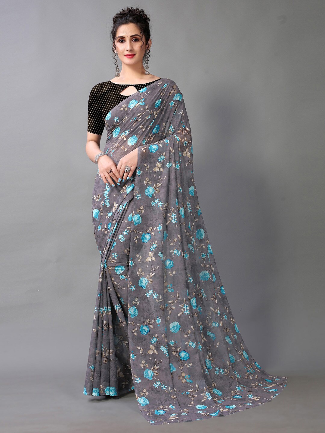 

HRITIKA Floral Printed Pure Georgette Saree, Grey