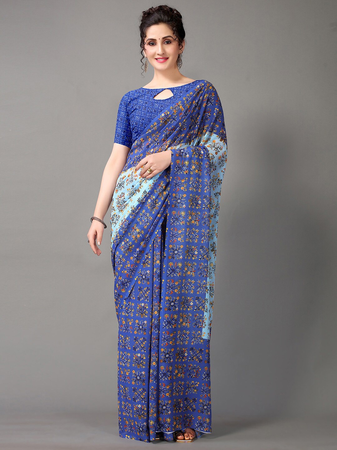 HRITIKA Floral Pure Georgette Block Print Saree, Blue