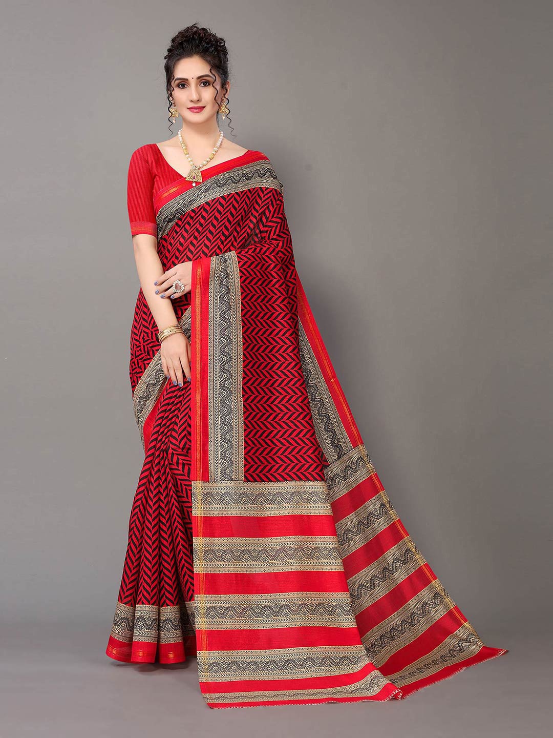 

HRITIKA Ethnic Motifs Printed Art Silk Saree, Red