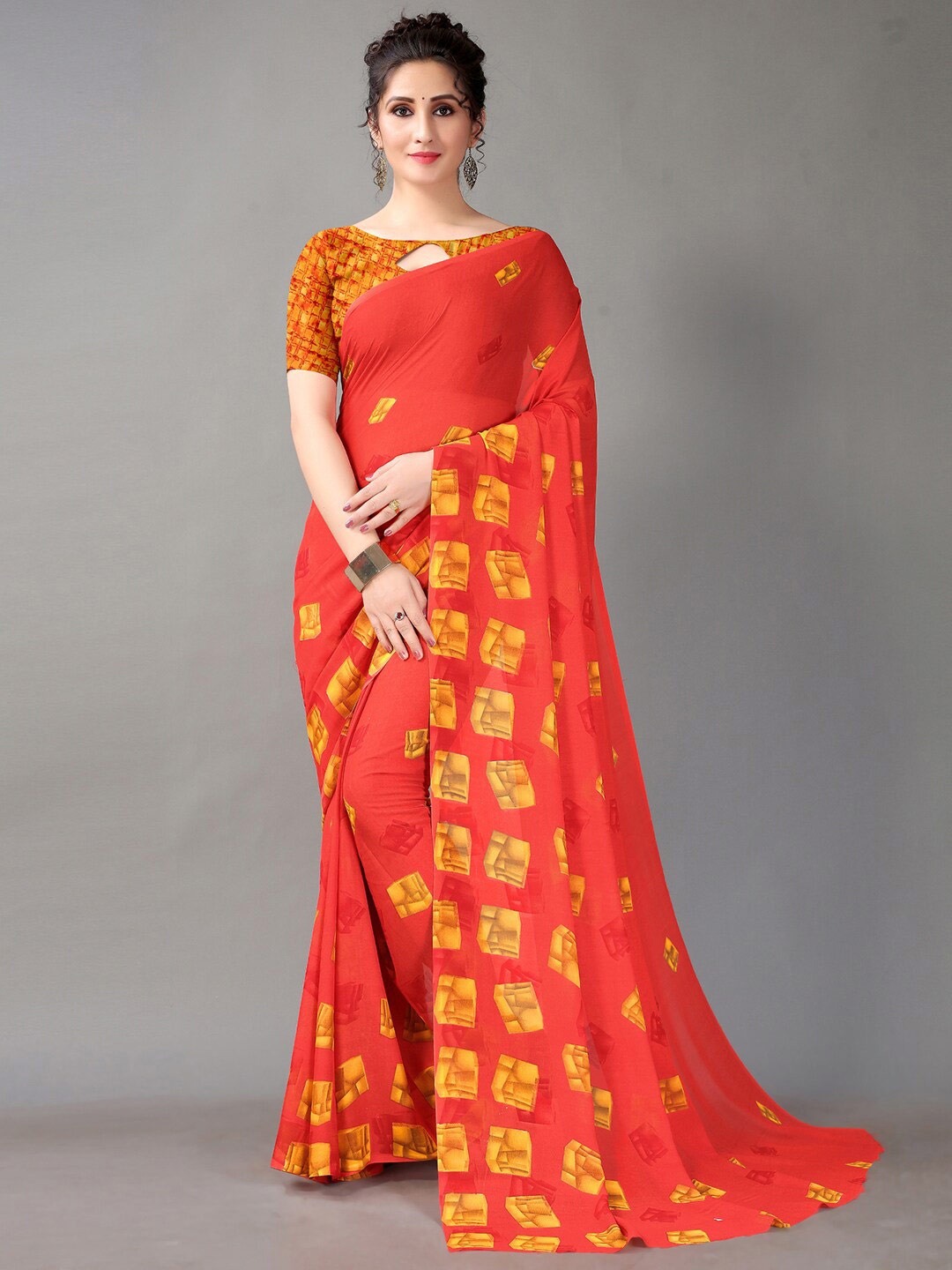

HRITIKA Geometric Printed Saree, Red