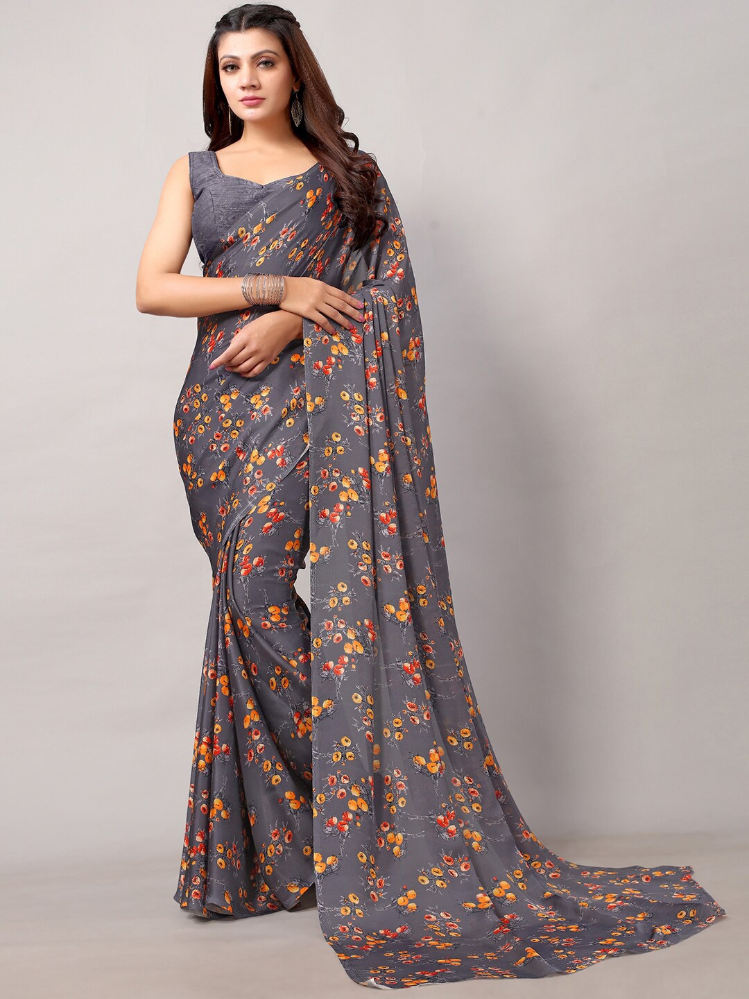 

HRITIKA Floral Printed Satin Saree, Grey