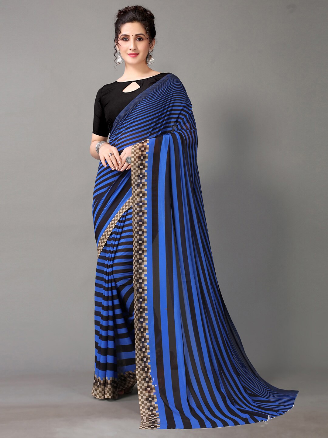 

HRITIKA Striped Pure Georgette Saree, Blue