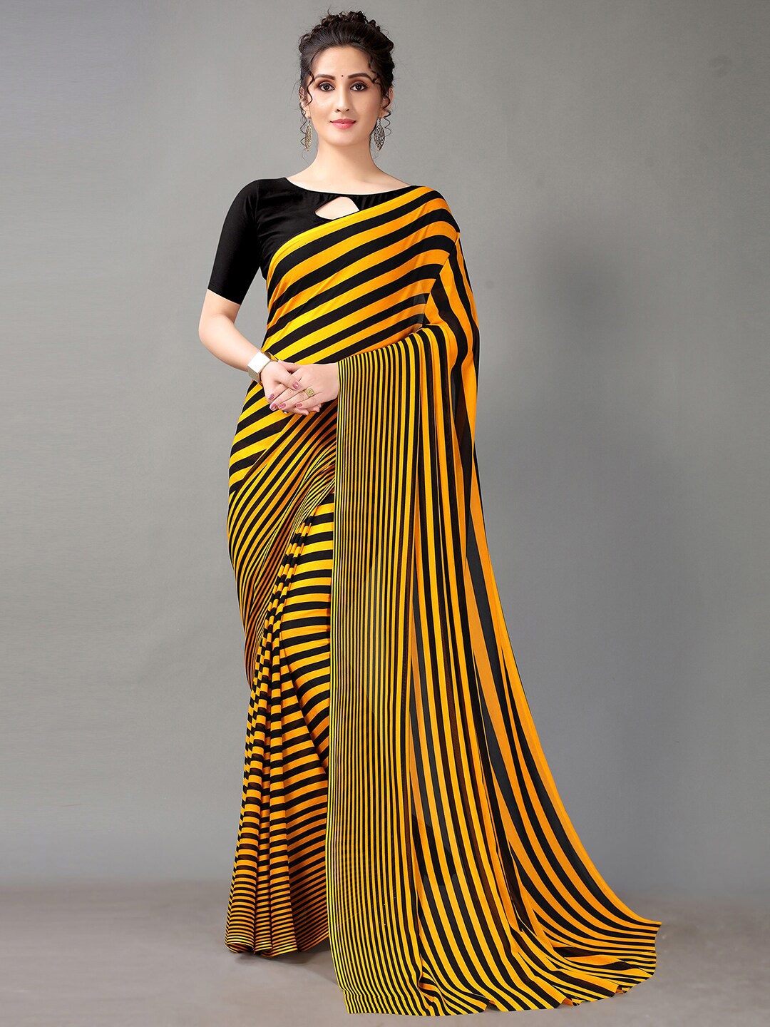 

HRITIKA Striped Saree, Yellow