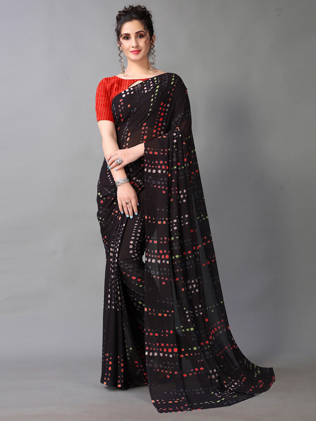 

HRITIKA Geometric Printed Pure Georgette Saree, Black