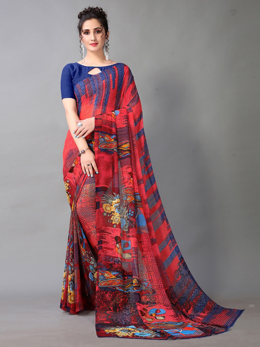 

HRITIKA Floral Pure Georgette Saree, Red