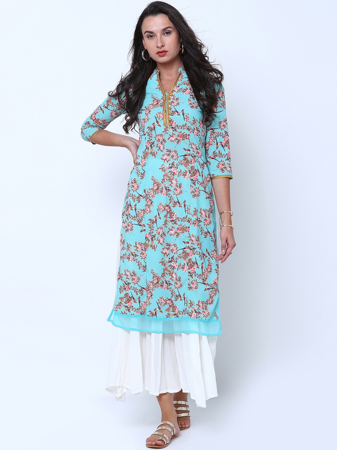 

Vishudh Women Blue & Pink Printed Straight Kurta