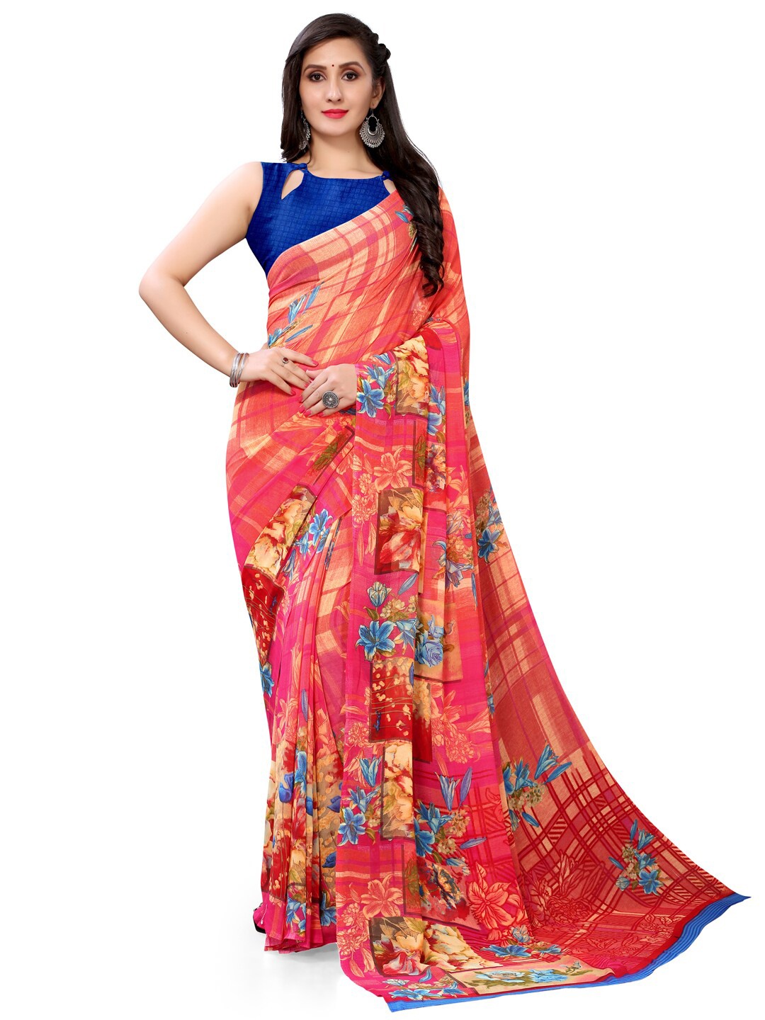 

HRITIKA Floral Printed Pure Georgette Saree, Red