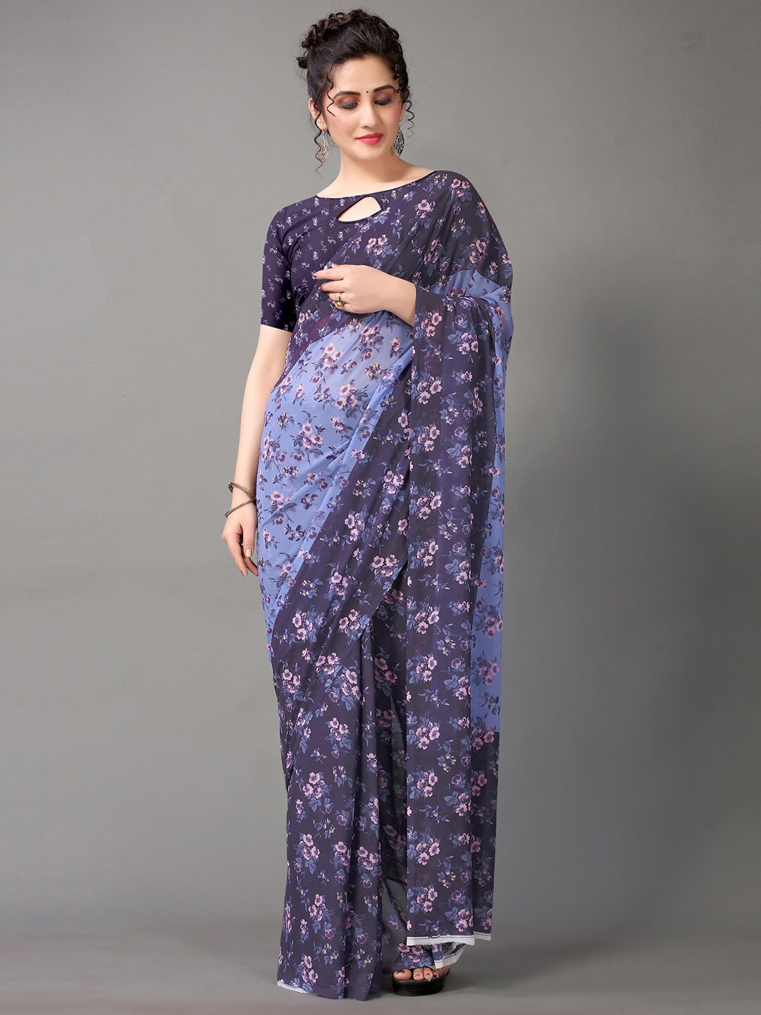 

HRITIKA Floral Printed Pure Georgette Block Print Saree, Navy blue
