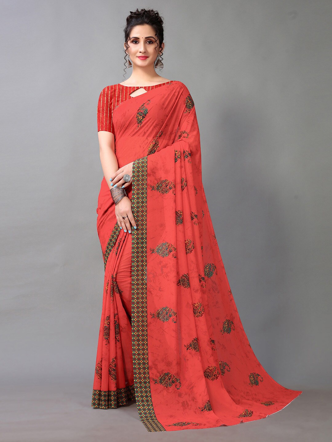 

HRITIKA Ethnic Motifs Printed Saree, Red