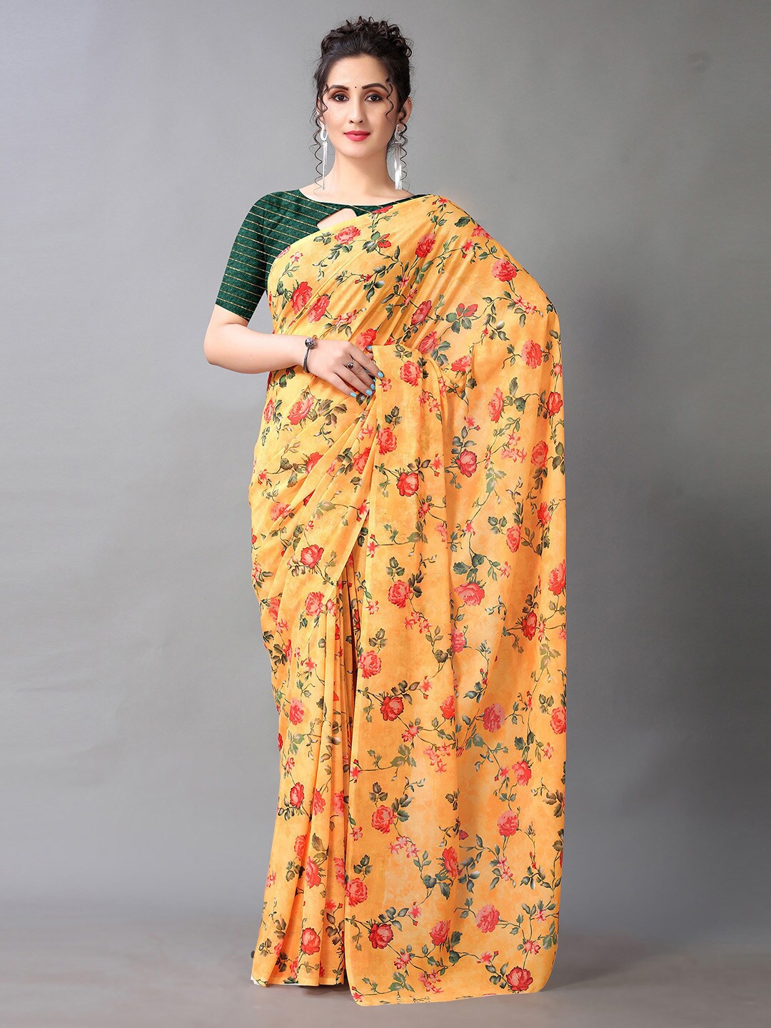 

HRITIKA Floral Printed Pure Georgette Saree, Yellow