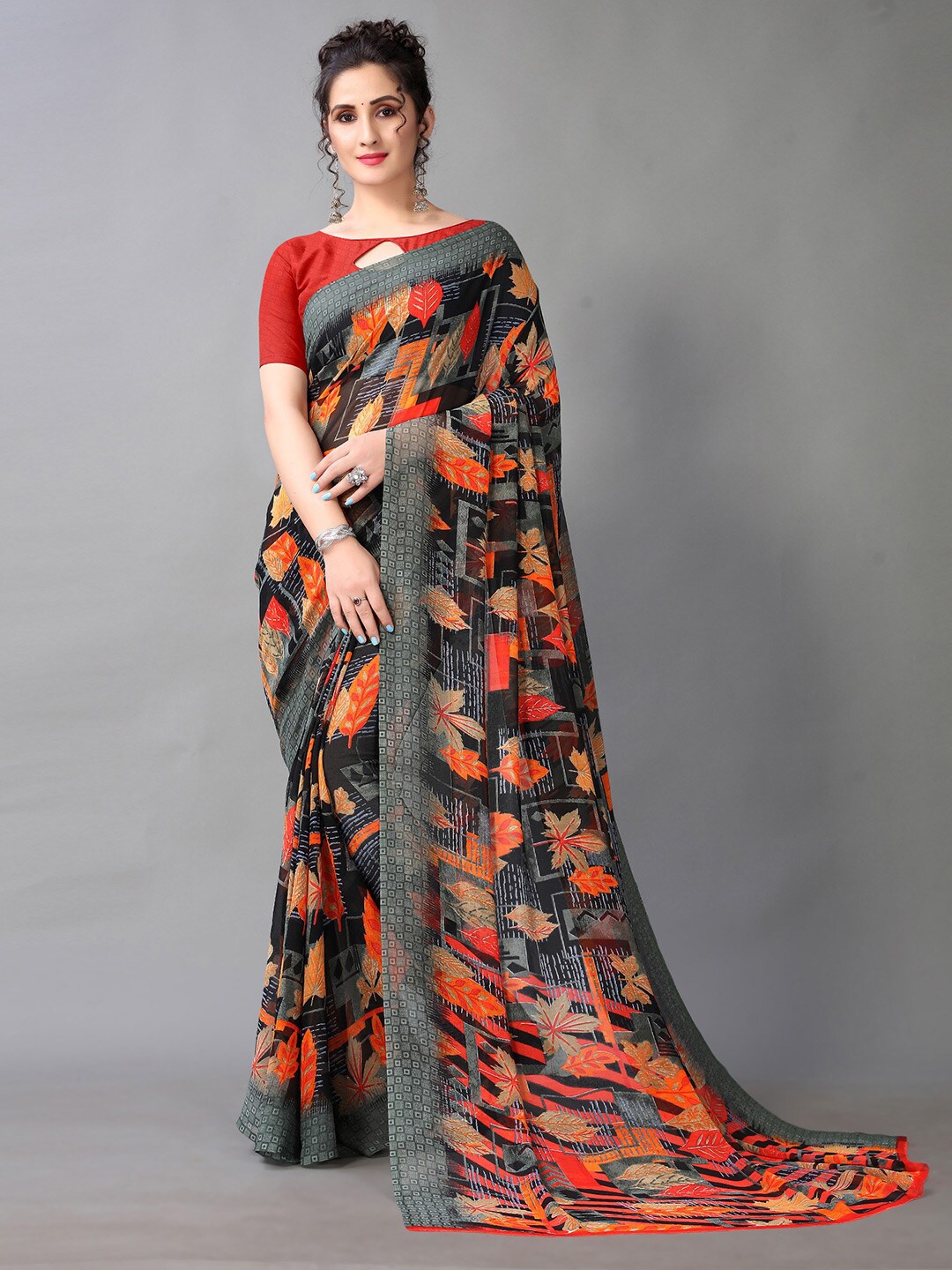 

HRITIKA Floral Pure Georgette Saree, Blue
