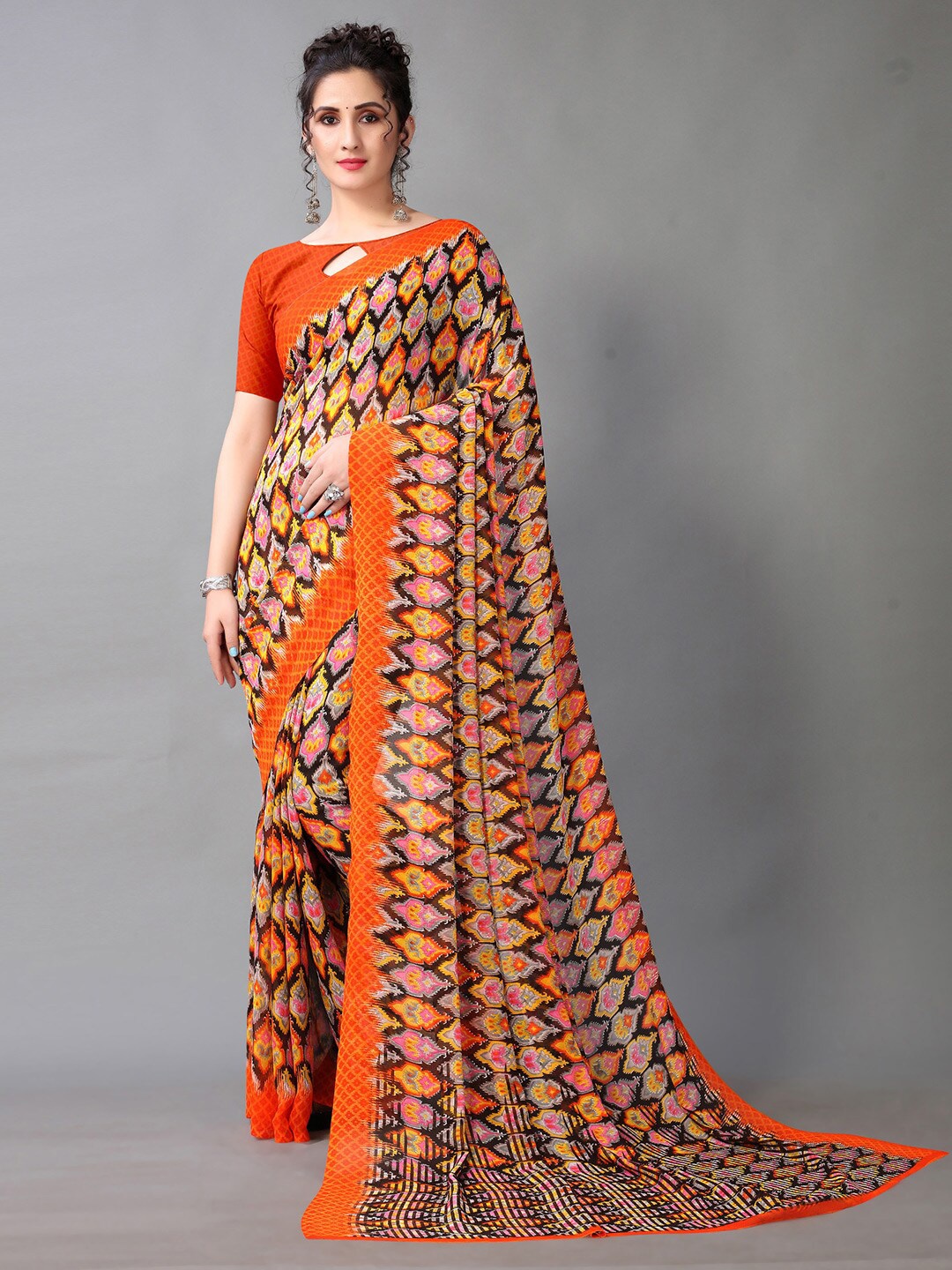 

HRITIKA Ethnic Motifs Printed Pure Georgette Saree, Orange