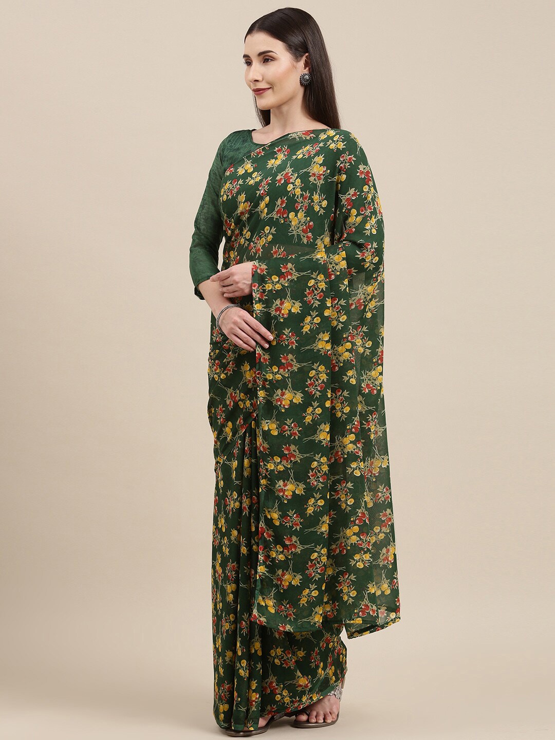 

HRITIKA Floral Printed Saree, Green