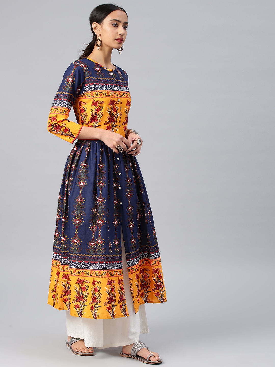 

Vishudh Women Navy Blue & Mustard Printed Anarkali Kurta