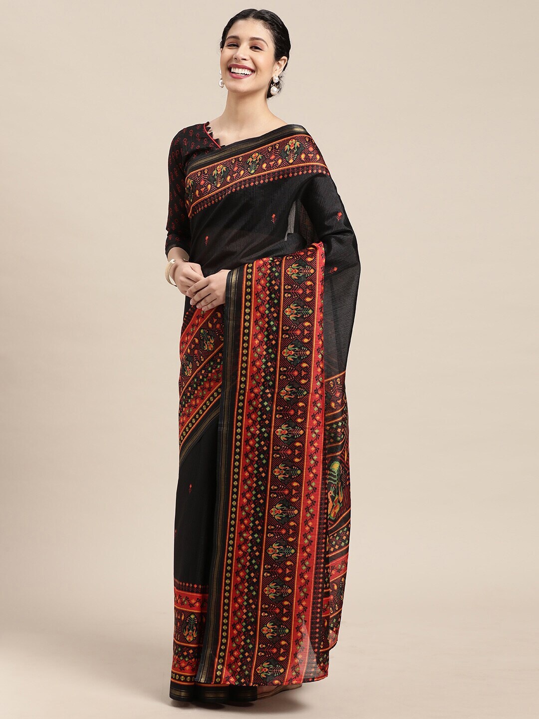 

HRITIKA Ethnic Motifs Zari Printed Art Silk Leheriya Saree, Black