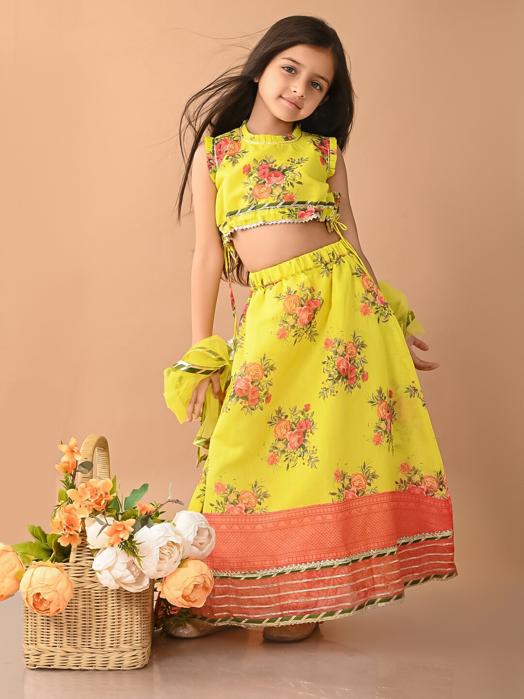 

LilPicks Girls Floral Printed Gotta Patti Lehenga & Blouse With Dupatta, Yellow