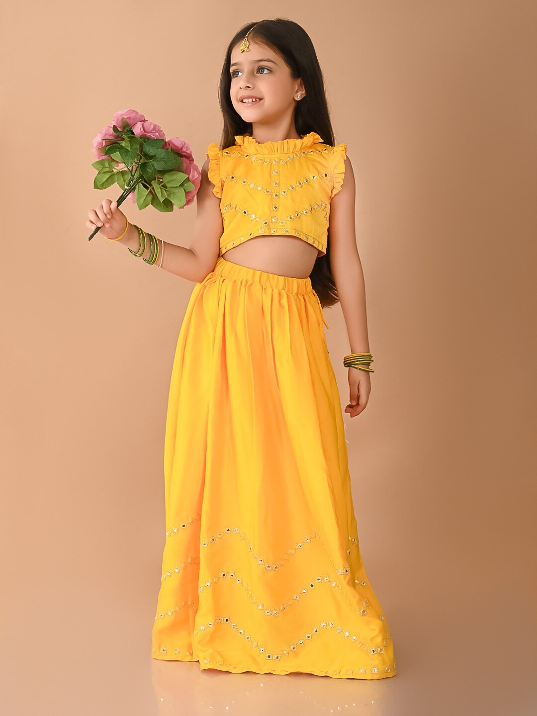 

LilPicks Girls Embellished Mirror Work Ready to Wear Lehenga Choli, Yellow