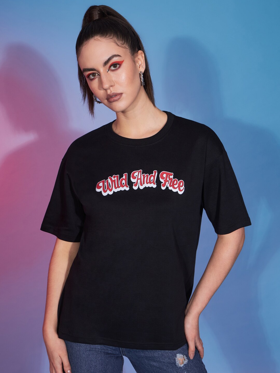 

BAESD Typography Printed Oversized Cotton T-Shirt, Black