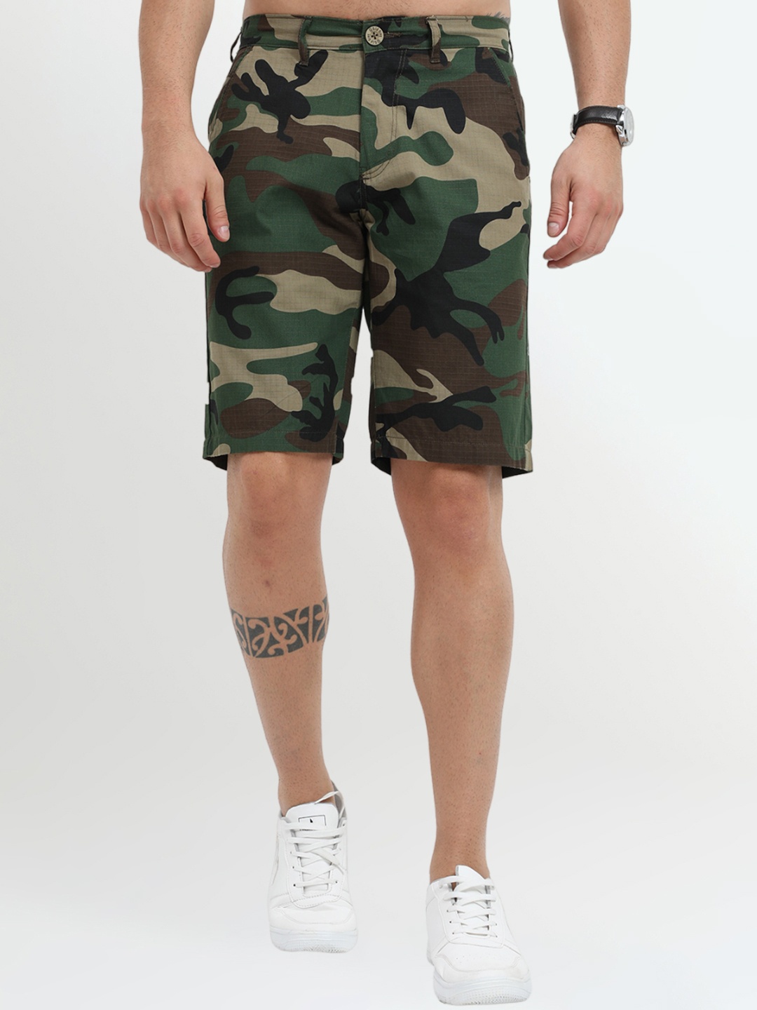 

Old Grey Men Mid-Rise Camouflage Printed Slim Fit Cotton Shorts, Green