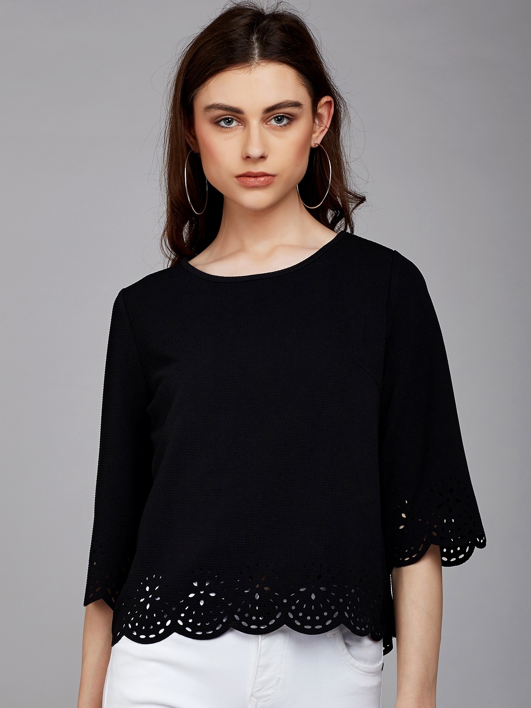 

Berrylush Women Black Self Design A-Line Top
