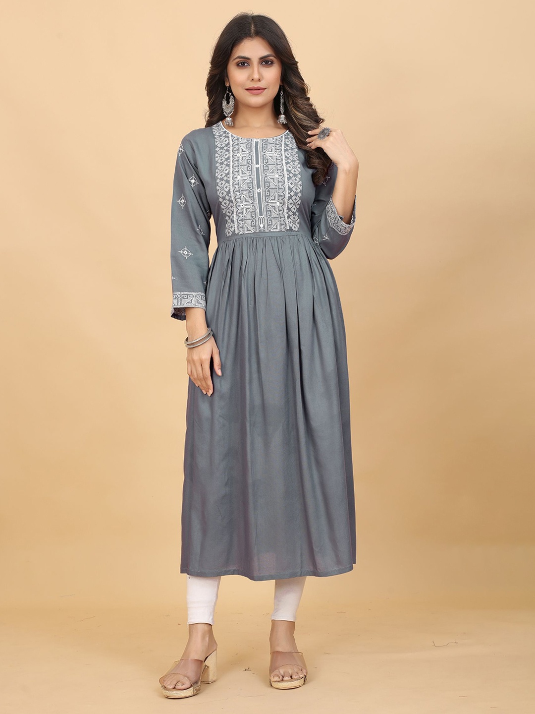 

KALINI Ethnic Motif Embroidered Mirror Work A-Line Kurta, Grey