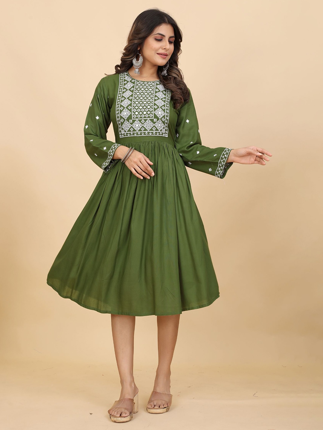 

KALINI Ethnic Motifs Embroidered Fit & Flare Ethnic Dress, Olive