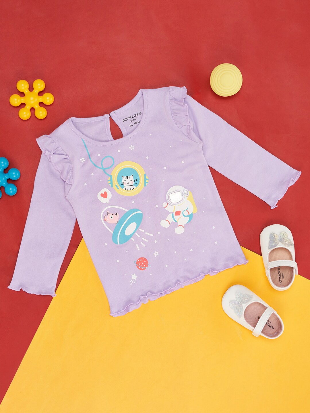 

Pantaloons Baby Girls Graphic Printed Ruffles Detail Cotton Top, Lavender