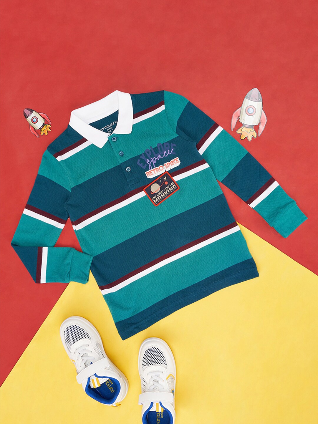 

Pantaloons Junior Boys Striped Polo Collar Cotton T-Shirt, Teal