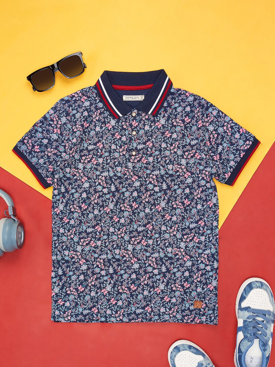 

Pantaloons Junior Boys Floral Printed Polo Collar Cotton T-Shirt, Blue