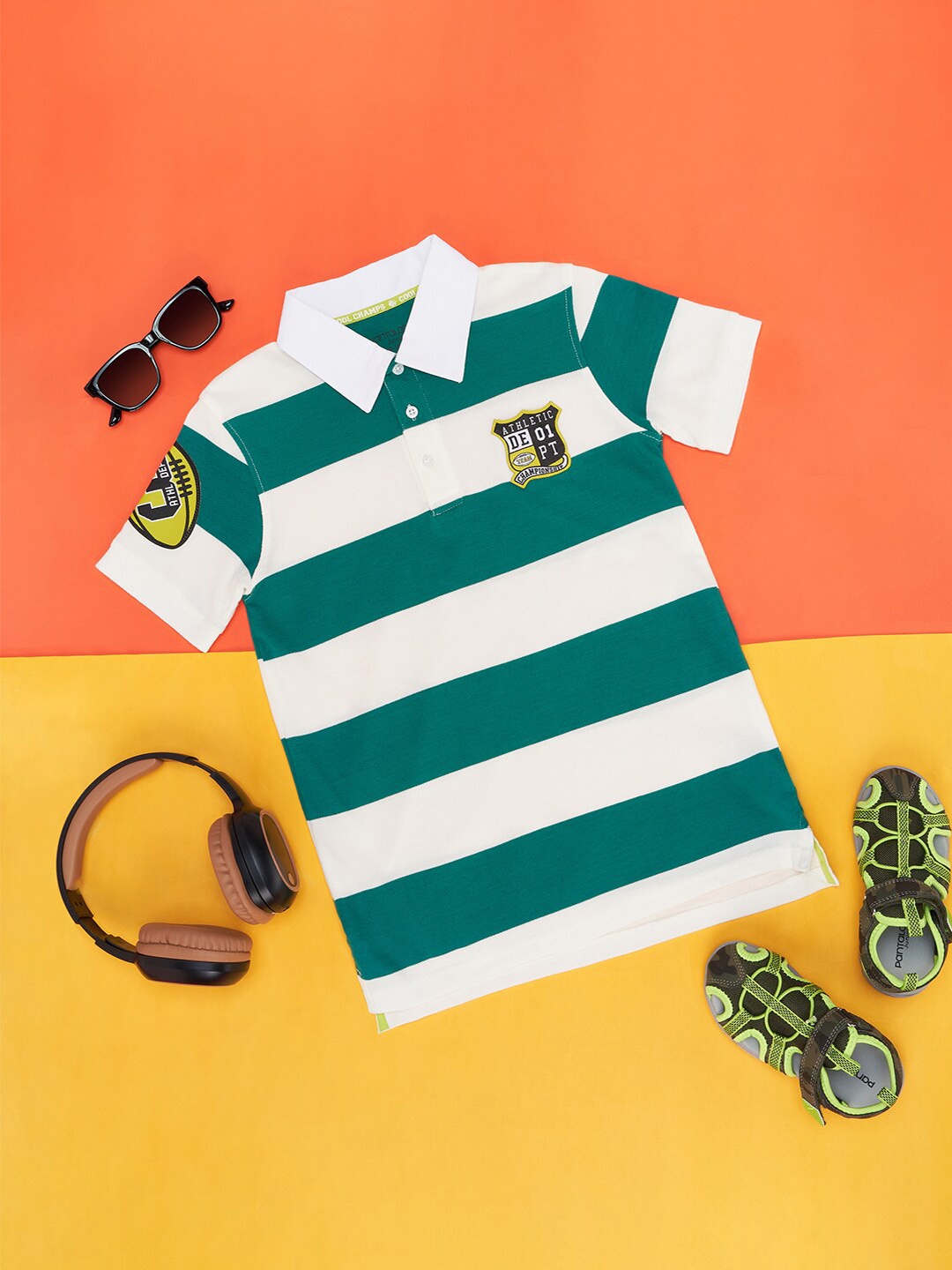 

Pantaloons Junior Boys Striped Polo Collar Cotton T-Shirt, Green