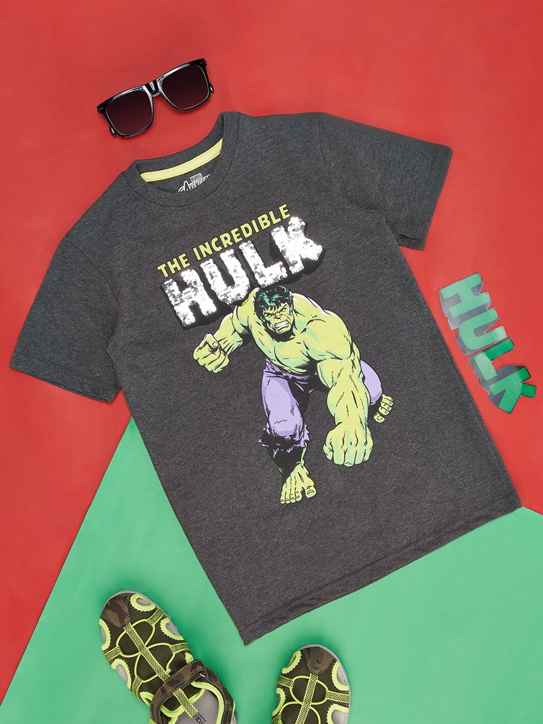 

Pantaloons Junior Boys Hulk Printed Cotton T-shirt, Grey