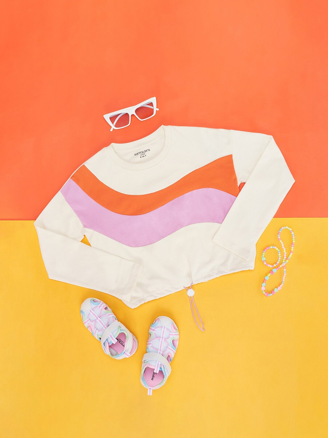

Pantaloons Junior Girls Striped Cotton Crop T-shirt, Off white