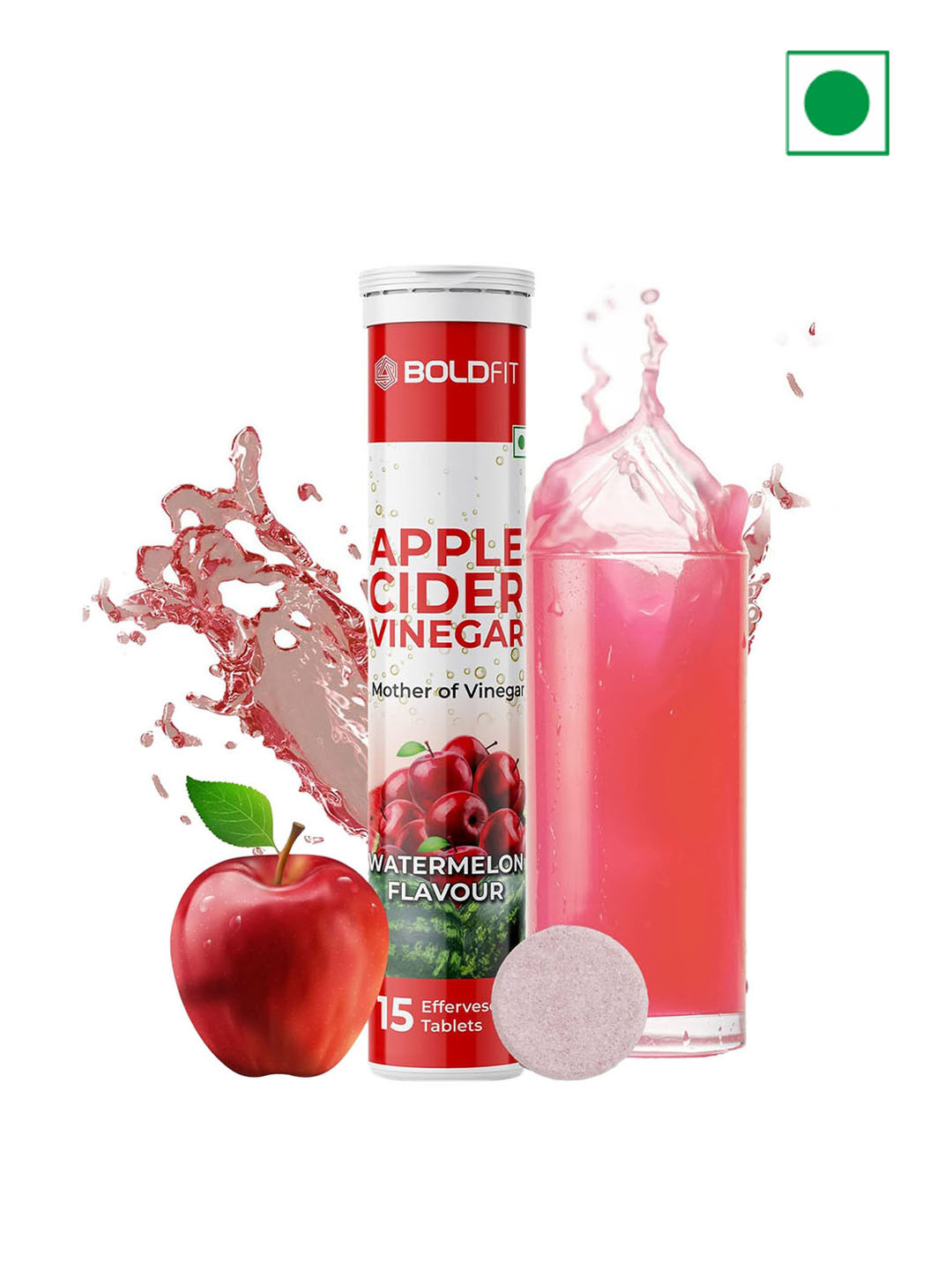 

BOLDFIT Mother Of Vinegar Watermelon Flavoured Apple Cider Vinegar Tablets - 15 Tablets, Red