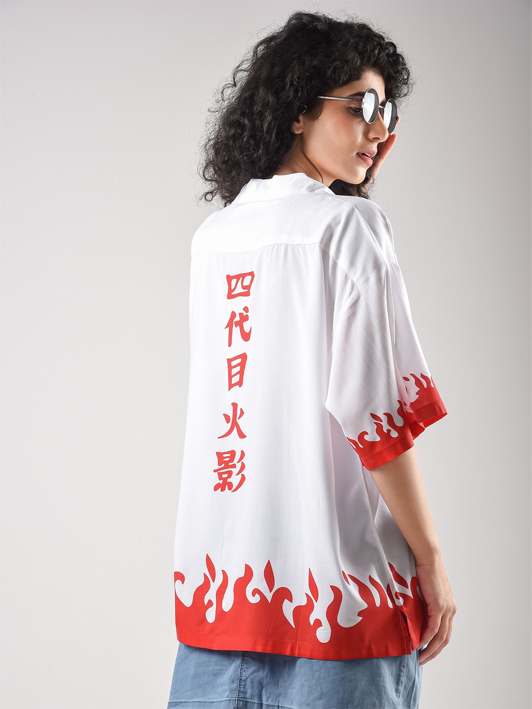 

COMICSENSE Anime Inspired Naruto Printed 4th Hokage Oversized Hawaiin Shirt, White