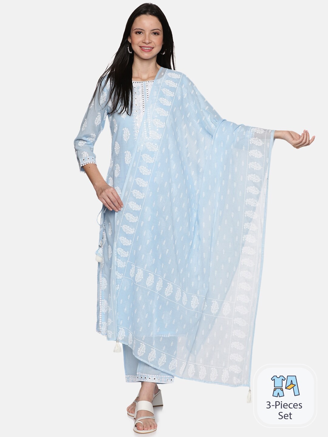 

Palakh Paisley Printed Regular Thread Work Pure Cotton Kurta with Trousers & With Dupatta, Blue