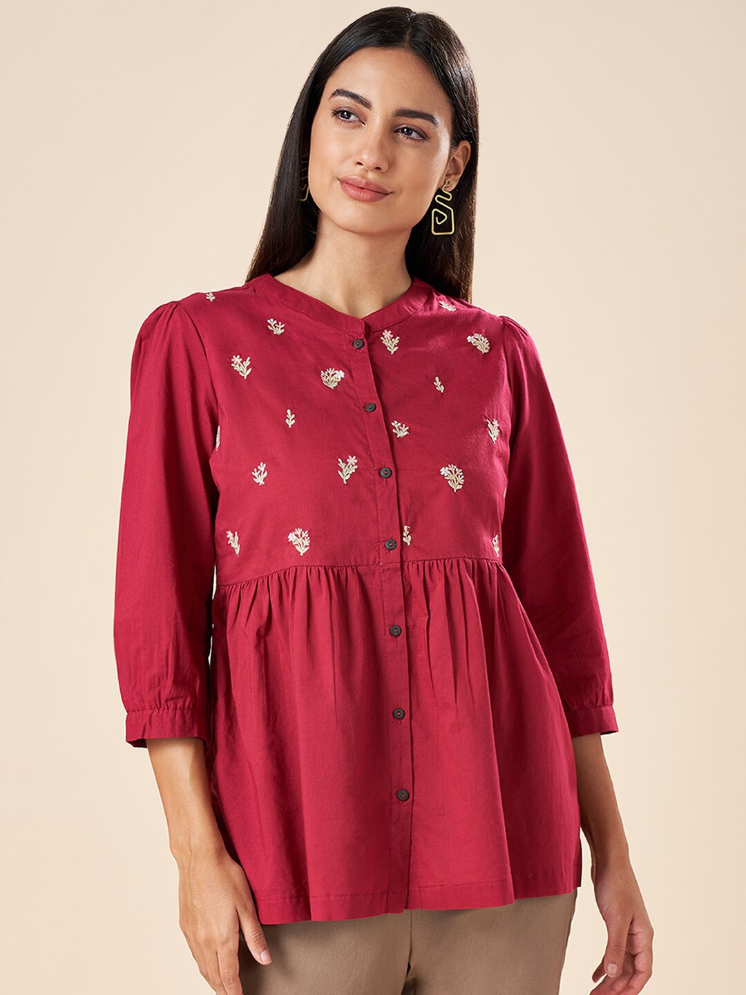 

AKKRITI BY PANTALOONS Floral Embroidered Mandarin Collar Cotton Tunic, Rust