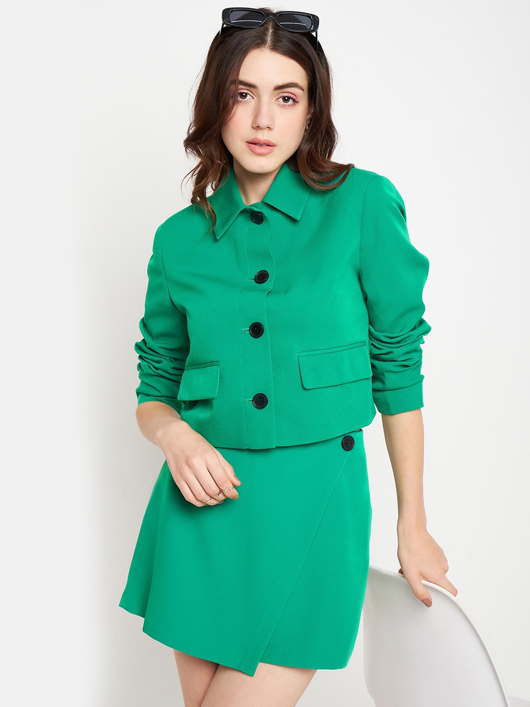 

Madame Shirt Collar Single-Breasted Crop Blazer, Green