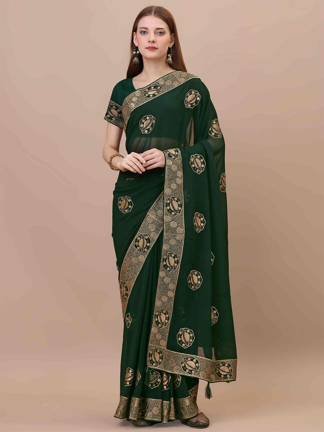 

choiceit Ethnic Motifs Embroidered Pure Georgette Kasavu Saree, Green