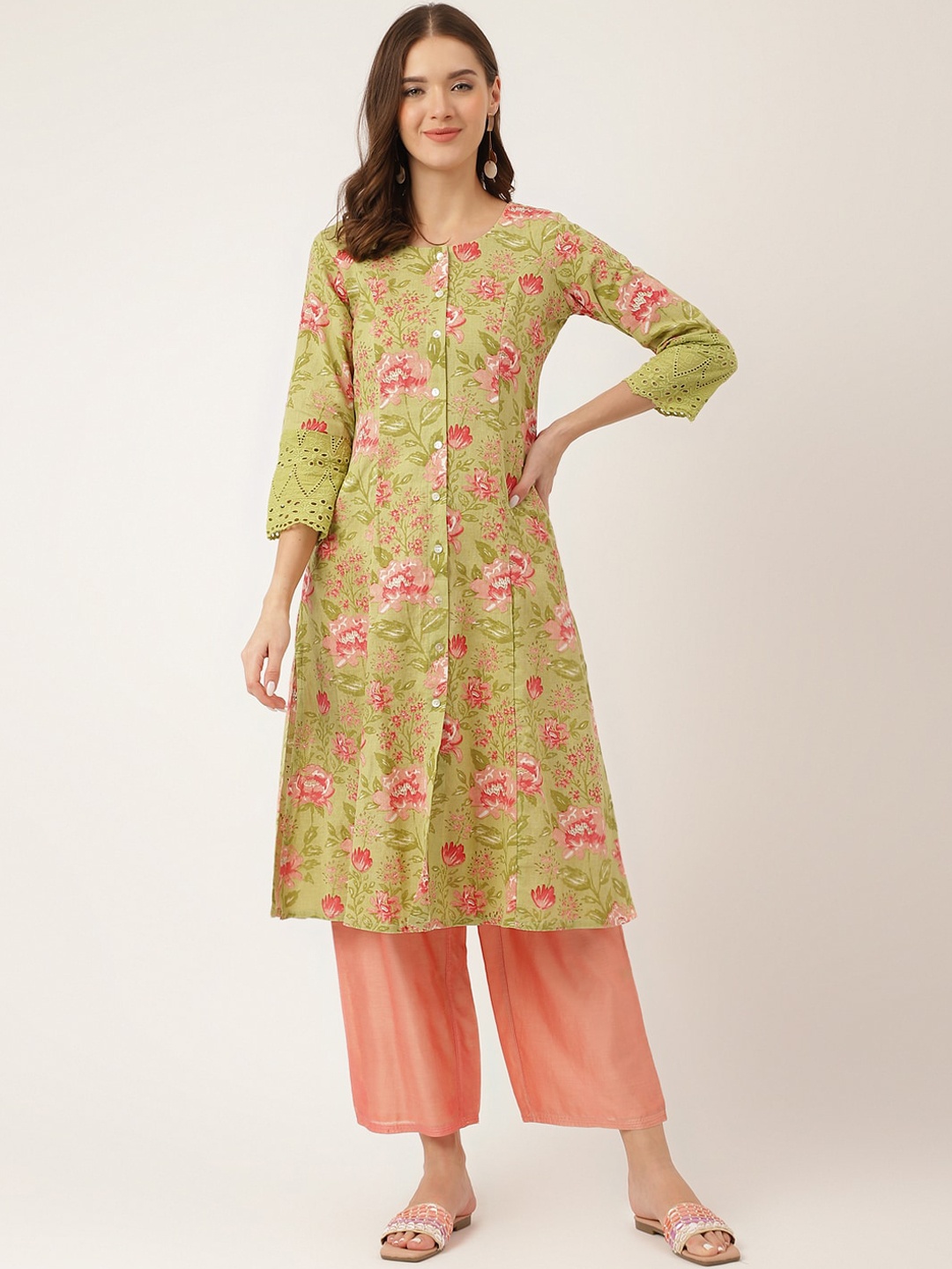 

Divena Floral Printed Round Neck Pure Cotton Kurta, Green