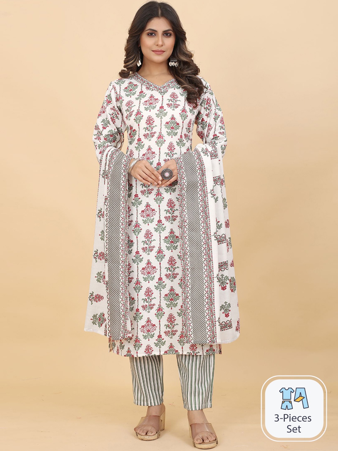 

KALINI Floral Printed Kurta with Trousers & With Dupatta, White